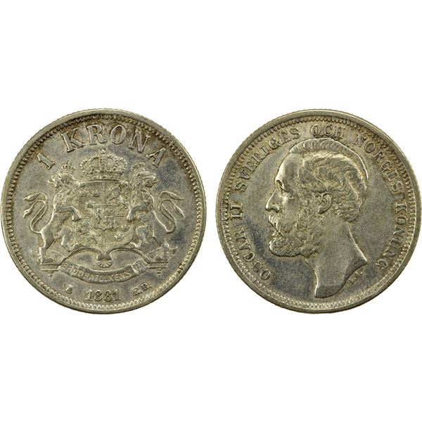 SWEDEN: Oscar II, 1872-1907, AR krona, 1881, XF
