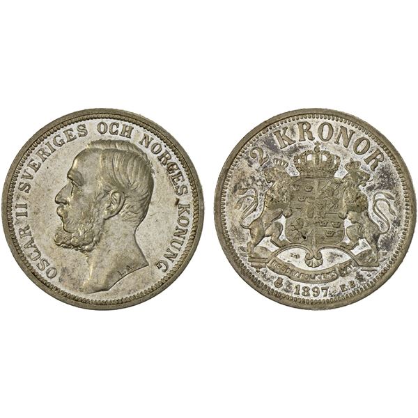 SWEDEN: Oscar II, 1872-1907, AR 2 kronor, 1897, XF