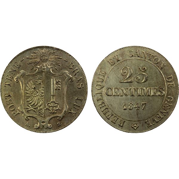 SWITZERLAND: GENEVA: Canton, BI 25 centimes, 1847, Choice AU