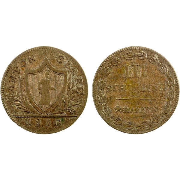 SWITZERLAND: GLARUS: Canton, BI 3 schilling, 1810, VF
