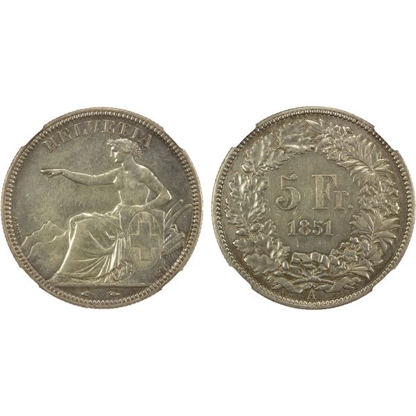 SWITZERLAND: Confederation, AR 5 francs, Paris, 1851-A, NGC AU details