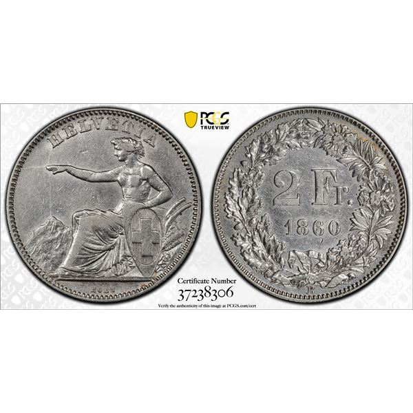 SWITZERLAND: Confederation, AR 2 francs, Bern, 1860-B, PCGS AU details