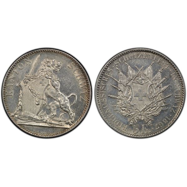 SWITZERLAND: Confederation, AR 5 francs, Bern, 1867, PCGS UNC details