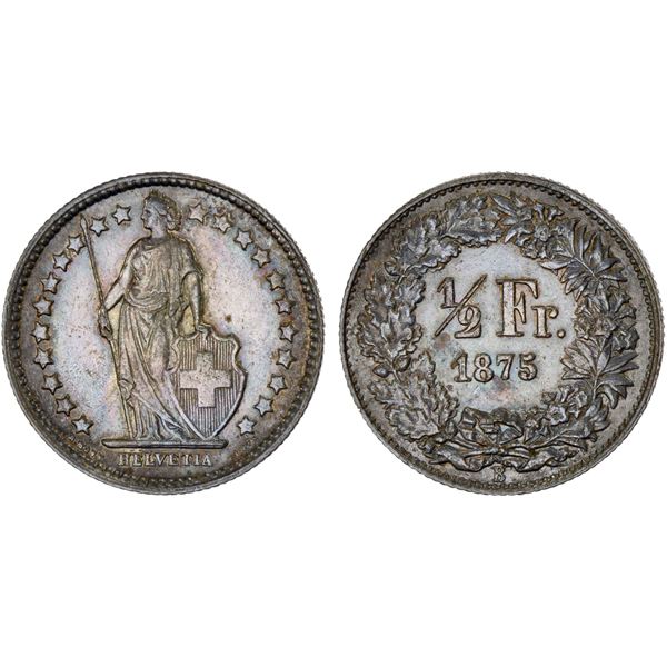 SWITZERLAND: Confederation, AR 1/2 franc, 1875-B, XF-AU