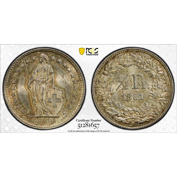SWITZERLAND: Confederation, AR 1/2 franc, 1881-B, PCGS MS65