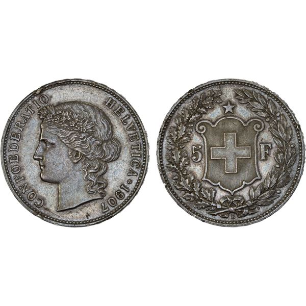 SWITZERLAND: Confederation, AR 5 francs, Bern, 1907-B, XF-AU
