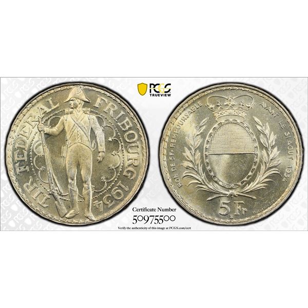 SWITZERLAND: Confederation, AR 5 francs, 1934-B, PCGS MS64