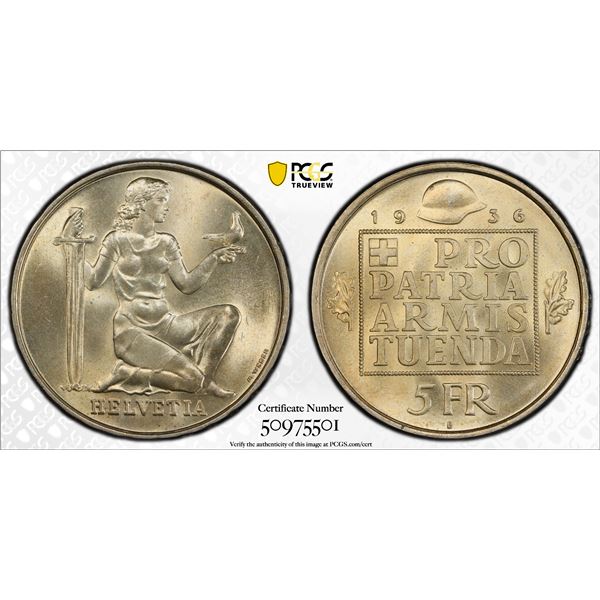 SWITZERLAND: Confederation, AR 5 francs, 1936-B, PCGS MS66