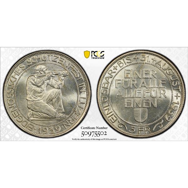 SWITZERLAND: Confederation, AR 5 francs, 1939-B, PCGS MS64
