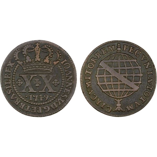 ANGOLA: João V, 1706-1750, AE 20 reis, Lisbon, 1749, VF