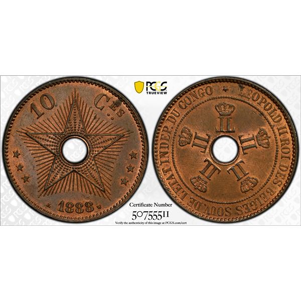 BELGIAN CONGO: Leopold II, 1885-1908, AE 10 centimes, 1888, PCGS MS64 RB