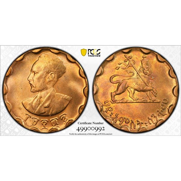 ETHIOPIA: Haile Selassie I, 1930-1974, AE 25 santeems, EE1936 (1944), PCGS MS65 RD