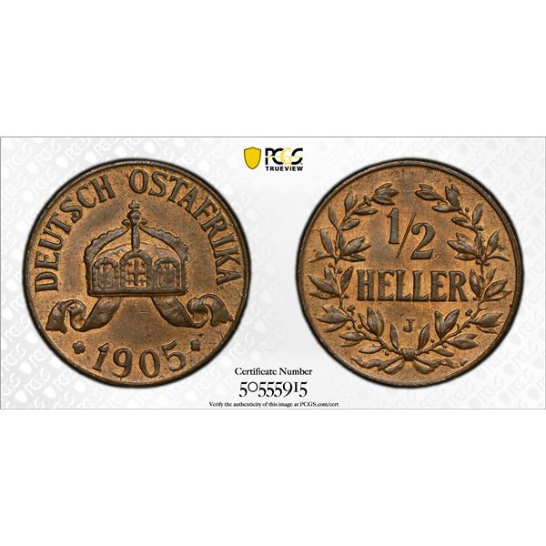 GERMAN EAST AFRICA: Wilhelm II, 1888-1918, AE 1/2 heller, 1905-J, PCGS MS63 BN