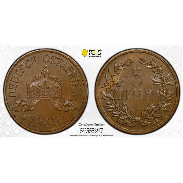 GERMAN EAST AFRICA: Wilhelm II, 1888-1918, AE 5 heller, 1908-J, PCGS MS63 BN