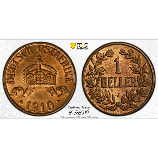 GERMAN EAST AFRICA: Wilhelm II, 1888-1918, AE heller, 1910-J, PCGS MS64 RB