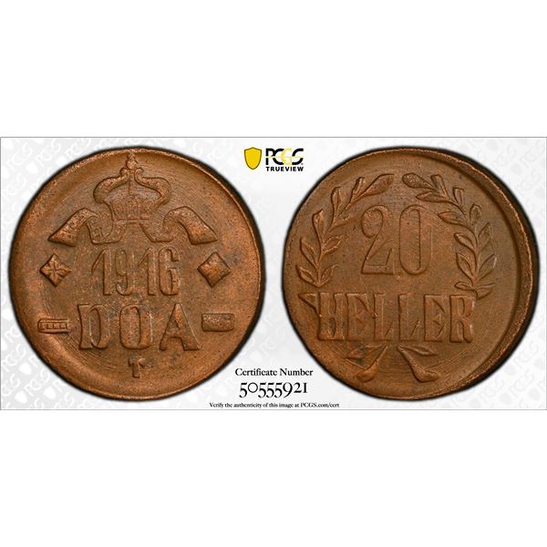 GERMAN EAST AFRICA: Wilhelm II, 1888-1918, 20 heller, 1916-T, PCGS MS63 BN