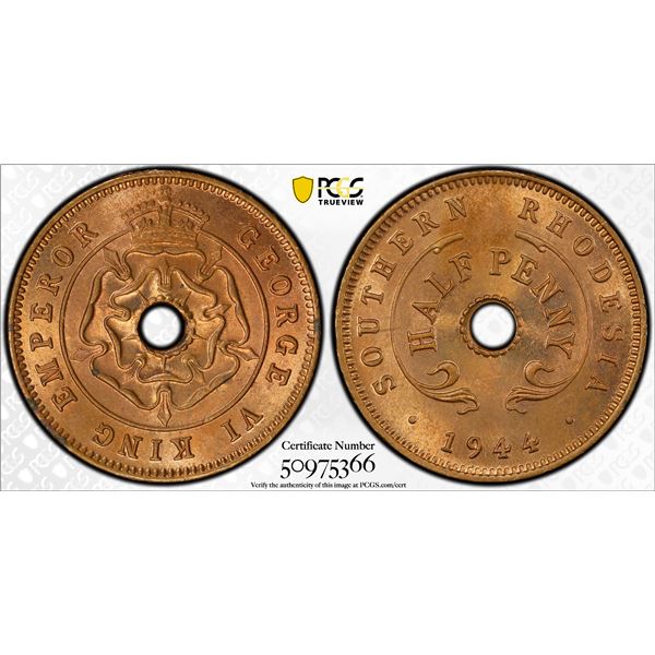 SOUTHERN RHODESIA: George VI, 1936-1952, AE 1/2 penny, 1944, PCGS MS64 RB