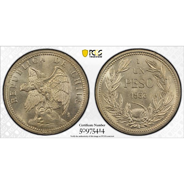 CHILE: Republic, 1 peso, 1933-So, PCGS MS66