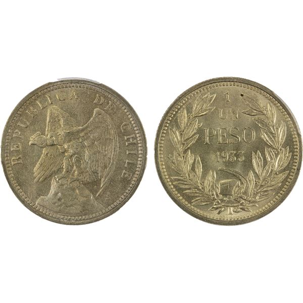 CHILE: Republic, 1 peso, 1933-So, PCGS MS65