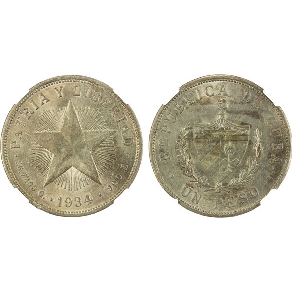 CUBA: Republic, AR peso, 1932, NGC MS61
