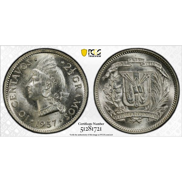 DOMINICAN REPUBLIC: AR 10 centavos, 1937, PCGS MS64