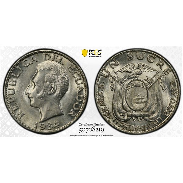 ECUADOR: Republic, AR sucre, 1934, PCGS MS63