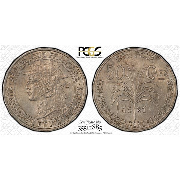 GUADELOUPE: French Colony, 50 centimes, 1921, PCGS MS62