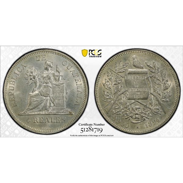 GUATEMALA: Republic, AR 4 reales, 1894-H, PCGS MS61