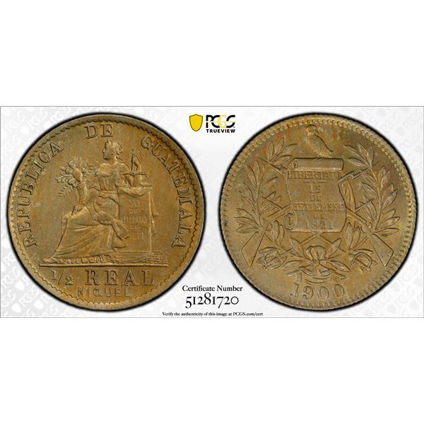 GUATEMALA: Republic, 1/2 real, 1900, PCGS MS64