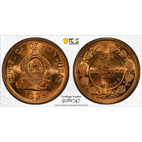 HONDURAS: Republic, AE 2 centavos, 1939, PCGS MS65 RD