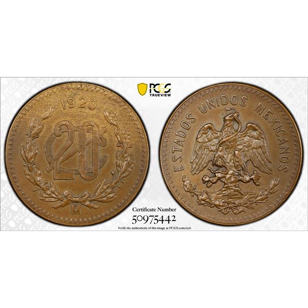 MEXICO: Estados Unidos, AE 20 centavos, 1920-Mo, PCGS MS62 BN