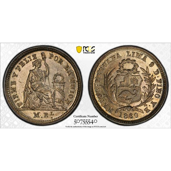 PERU: Republic, AR 1/2 real, Lima, 1860, PCGS MS62