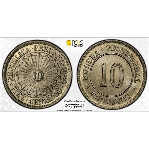 PERU: Republic, 10 centavos, 1880, PCGS MS64