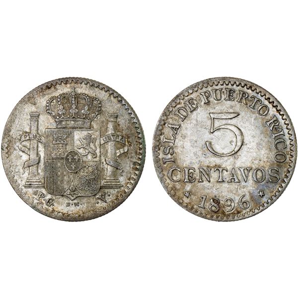 PUERTO RICO: Alfonso XIII, 1886-1898, AR 5 centavos, 1896, VF-XF
