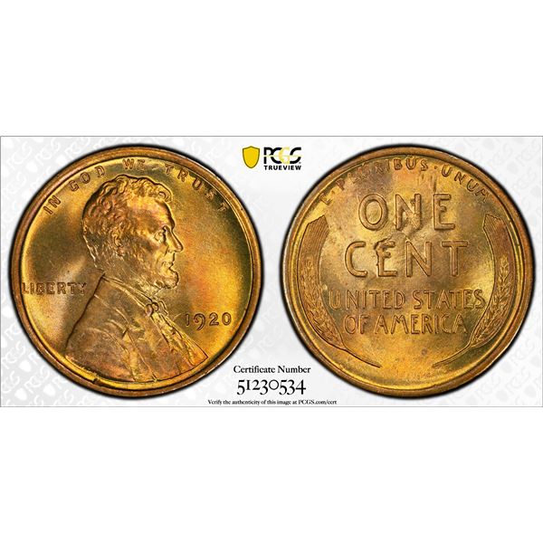 UNITED STATES: AE cent, 1920, PCGS MS65 RB
