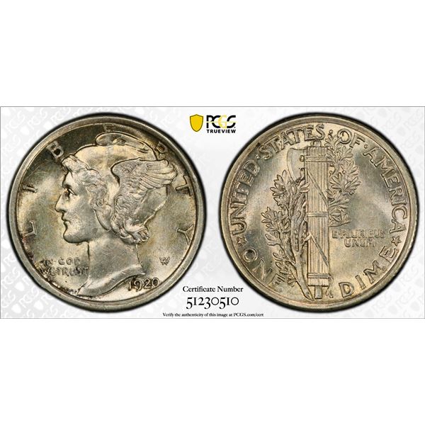 UNITED STATES: AR 10 cents, 1920, PCGS MS63 FB