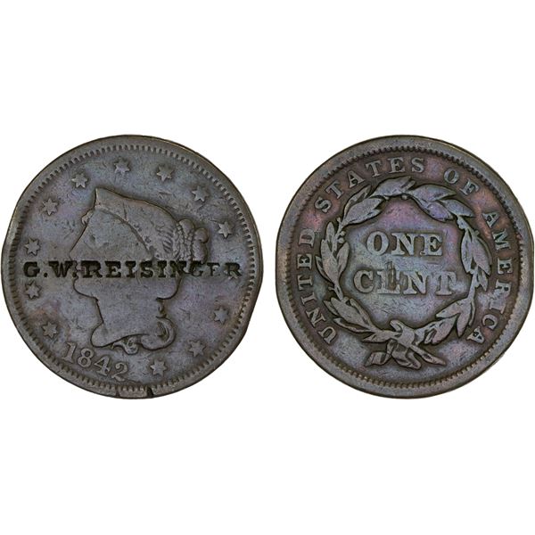 UNITED STATES: AE counterstamped cent, ND(1842), Fine