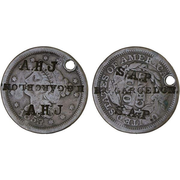 UNITED STATES: AE counterstamped cent, ND(1853), Fine