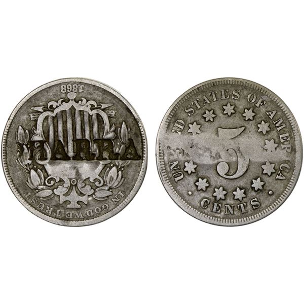 UNITED STATES: counterstamped 5 cent, ND(1868), Fine