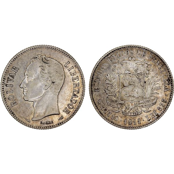 VENEZUELA: Republic, AR 2 bolivares (Gram 10), 1911, VF-XF