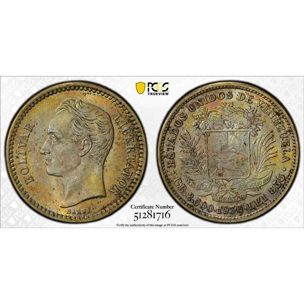 VENEZUELA: Republic, AR 1/2 bolivar, 1936, PCGS MS63