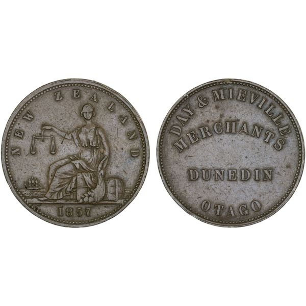 NEW ZEALAND: AE penny token, 1857, VF