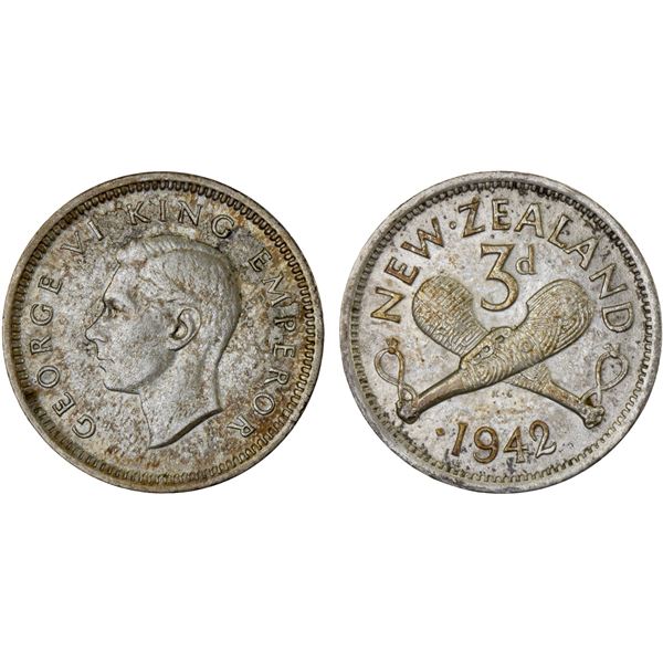 NEW ZEALAND: George VI, 1936-1952, AR threepence, 1942, AU