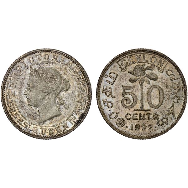 CEYLON: Victoria, 1837-1901, AR 50 cents, 1892, Choice XF