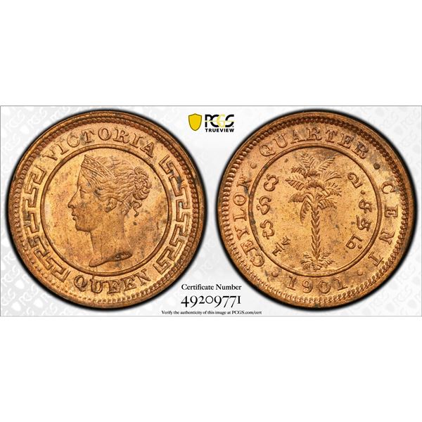 CEYLON: Victoria, 1837-1901, AE 1/4 cent, 1901, PCGS MS64 RD