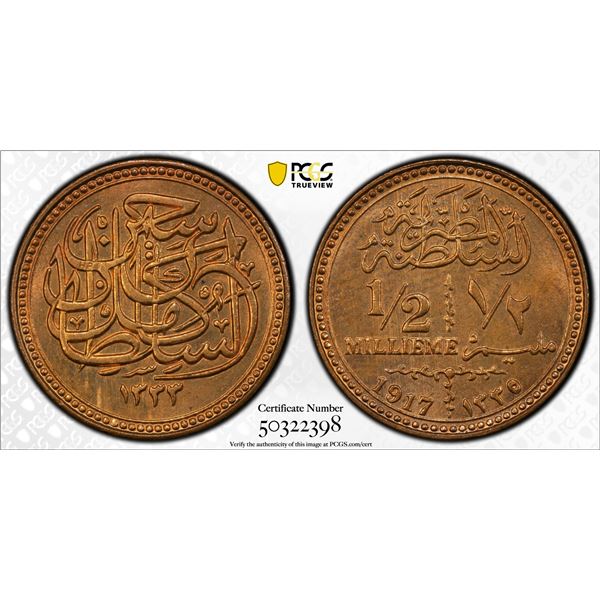 EGYPT: Hussein Kamil, 1914-1917, AE 1/2 millieme, 1917/AH1335, PCGS MS64 RD