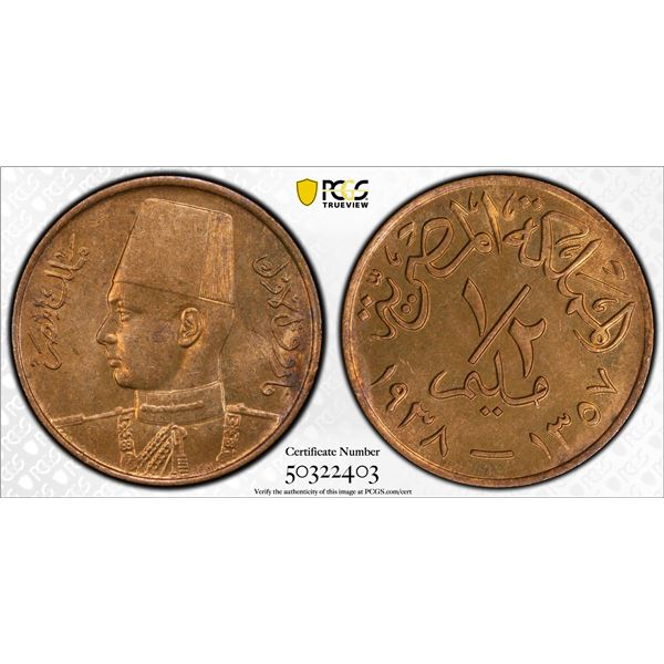 EGYPT: Farouk, 1936-1952, AE 1/2 millieme, 1938/AH1357, PCGS MS64 RB