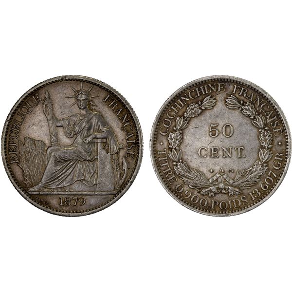 FRENCH INDOCHINA: AR 50 centimes, 1879-A, Choice XF