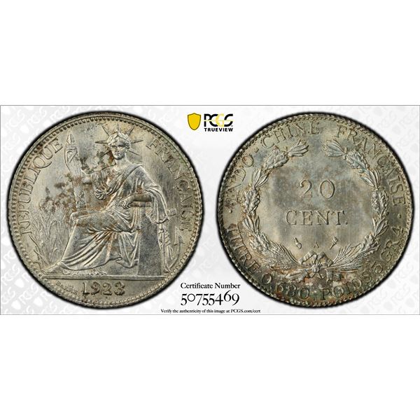 FRENCH INDOCHINA: AR 20 centimes, Paris, 1923-A, PCGS MS63
