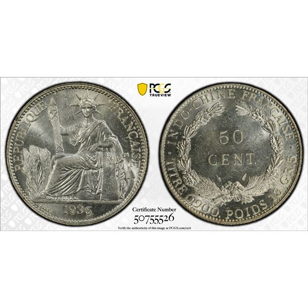 FRENCH INDOCHINA: AR 50 centimes, 1936, PCGS MS63